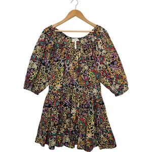Apiece Apart Dress Womens XS Black Floral Organic Cotton Puff Sleeve Boho Summer
